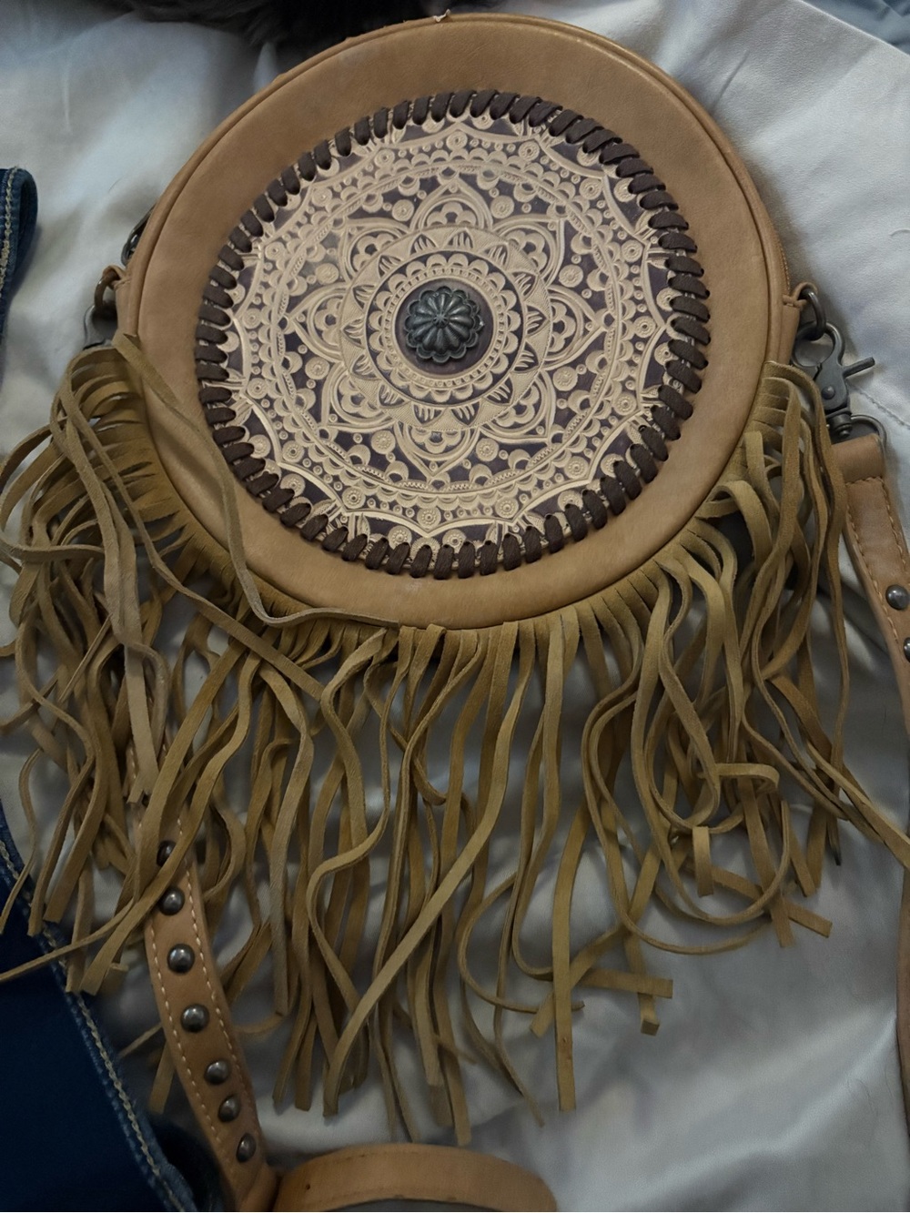 Fringed Round Crossbody Bag with Embossed Mandala